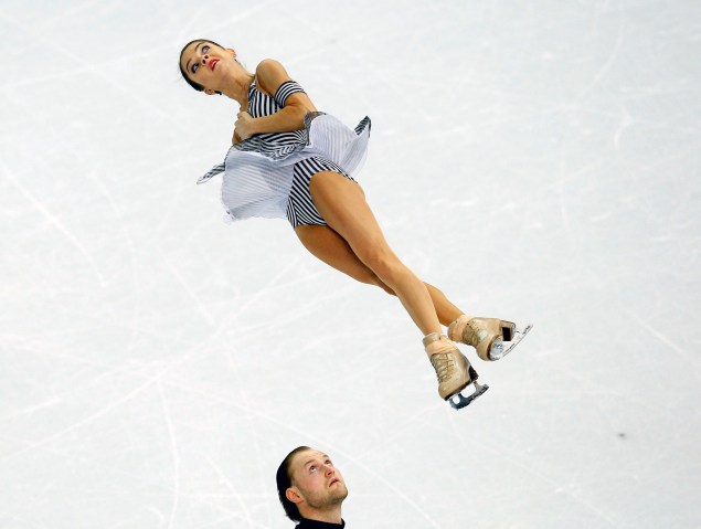 Russia's Vera Bazarova and Yuri Larionov during pairs short program at the Sochi 2014 Winter Olympics