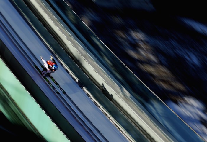 Marinus Kraus of Germany skis during the Men's Normal Hill Individual training ahead of the Sochi 2014 Winter Olympics at the RusSki Gorki Ski Jumping Center on Feb. 7, 2014 in Sochi.
